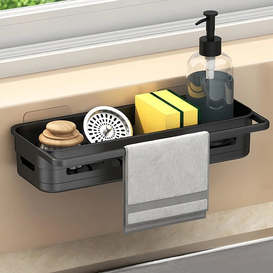 Multifunctional Sink  Sponge Holder, Kitchen Sink Organizer with Self Drain Tray, Shower  for Sponges, Brushes, Stoppers and Scrapers,Ideal  & Kitchen Decor (Black)