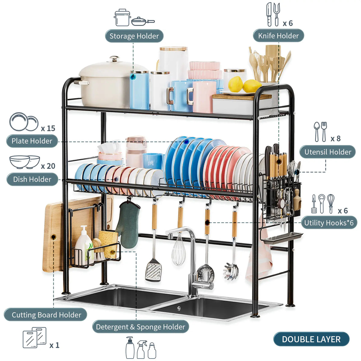 【Holiday Deals】San Dream Over Sink Rack Kitchen Over The Sink Dish Drying Rack Organizer Large Space Saving Dish Drainer Countertop Dishes Rack On Counter Caddy Utensil Metal Organizer 1&2 Tiers