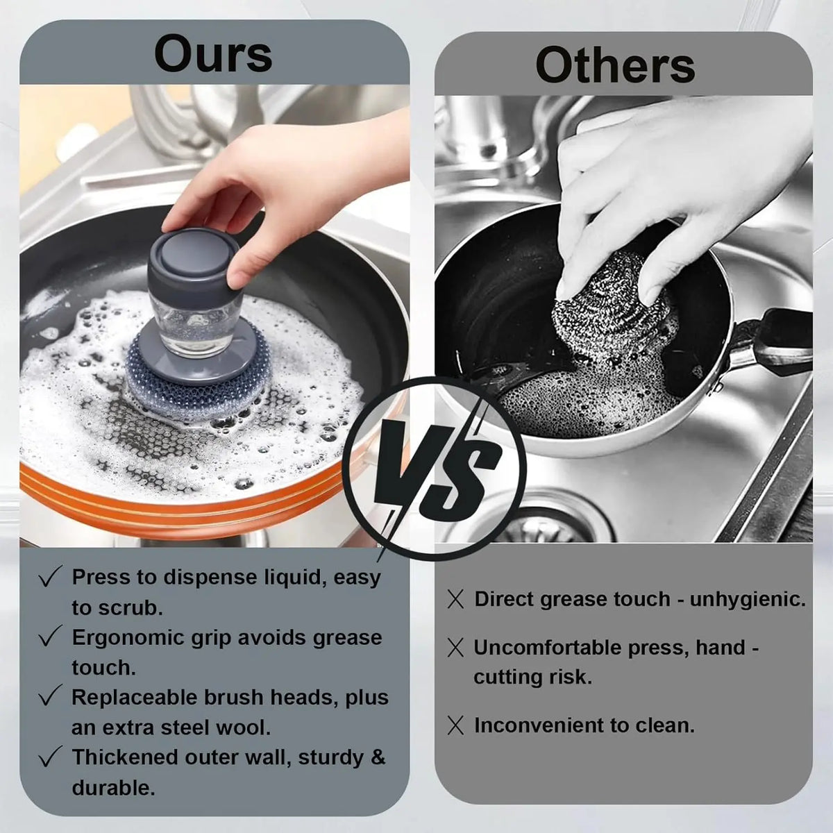 Automatic Liquid-Adding Kitchen Pot Brush with Comfortable Handle, Deep Grease Lift, Removable Head, Easy Clean Scrubber for Frying Pans, Plates, Gentle-on-Hands Manicure-Friendly Home Care Tool