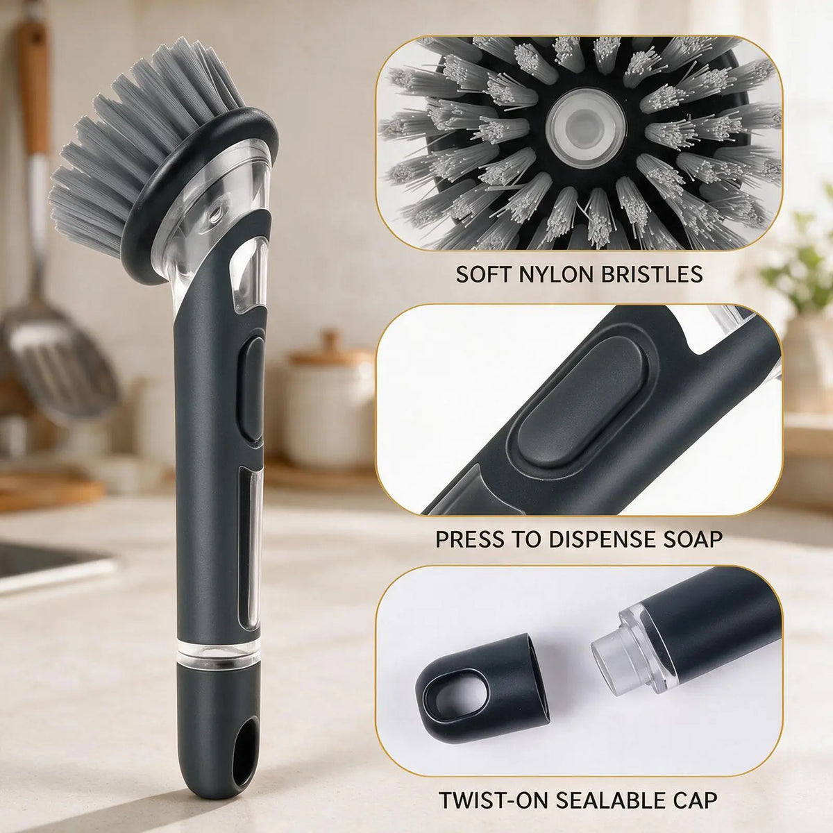 Kitchen Dish Brush with Soap Dispenser, Long Handle Cleaning Brush with 2 Brush Heads for Cookware, Sink and Kitchen Cleaning
