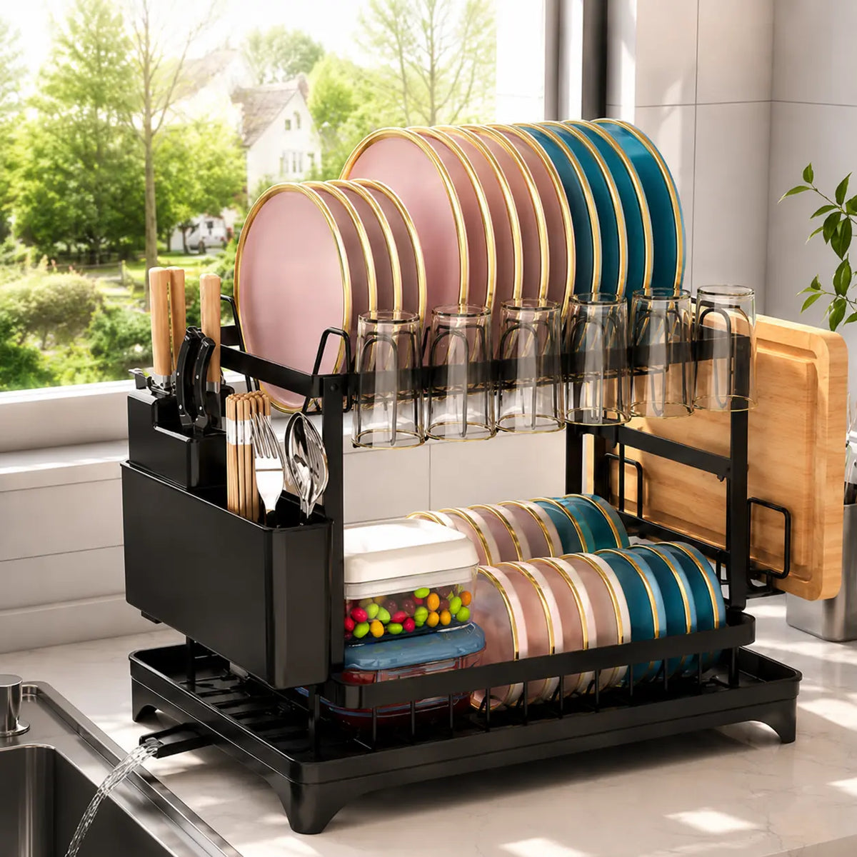 Bepatio 2-Tier Carbon Steel Baking Paint Dish Drying Rack, Home Storage Organization with Rapid Drainage System Sink Tray, Cutlery Holder, Cutting Board Holder, Anti-Slip Kitchen Countertop Organizer for Plates, Bowls, Apartment Accessories