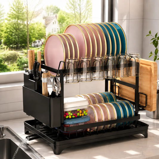 Bepatio 2-Tier Carbon Steel Baking Paint Dish Drying Rack, Home Storage Organization with Rapid Drainage System Sink Tray, Cutlery Holder, Cutting Board Holder, Anti-Slip Kitchen Countertop Organizer for Plates, Bowls, Apartment Accessories