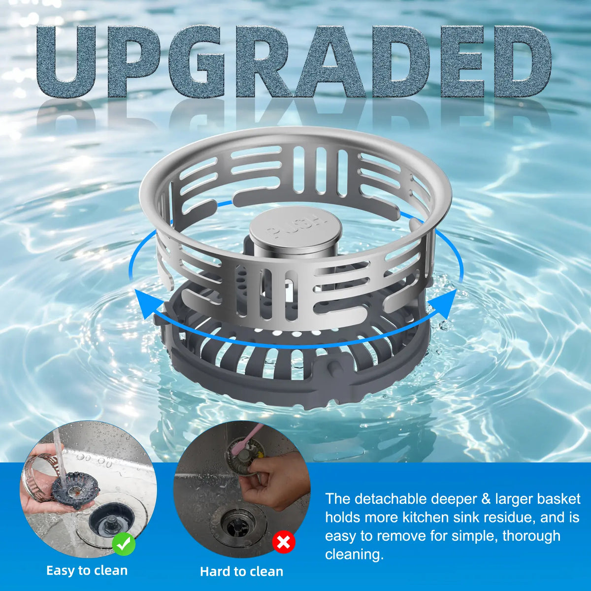 Hibbent Upgraded 3 in 1 Kitchen Sink Drain Strainer, Stainless Steel Pop Up Sink Stopper, Larger Anti-Clogging Basket, 3-Layer Seal, Detachable Drain Plug for US Standard 3-1/2" Drain, Brushed Nickel