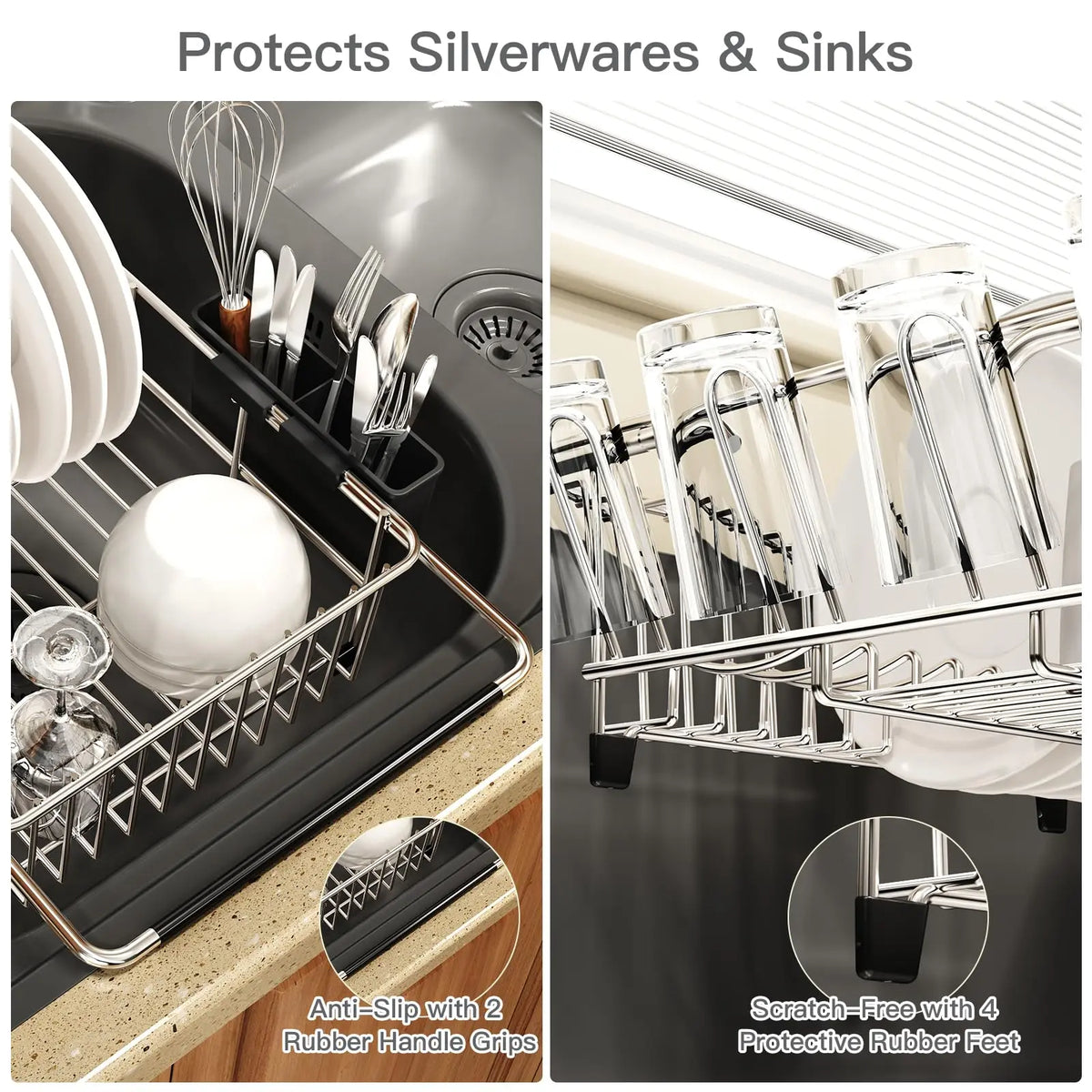 Expandable Stainless Steel Over Sink Dish Drying Rack with Utensil Holder, Rustproof Space-Saving Dish Drainer, Perfect for Small Kitchens, Apartments & RVs