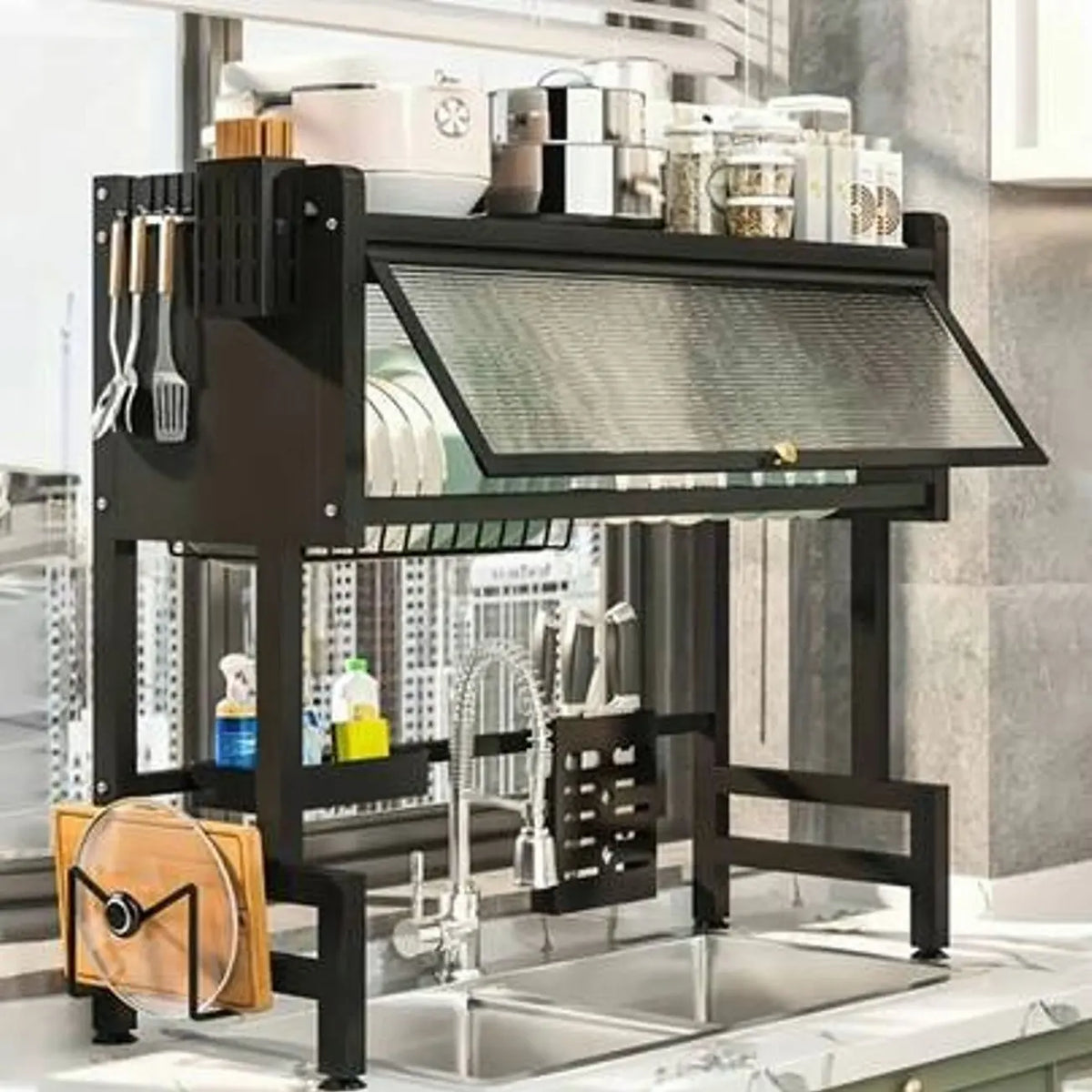 Multi-Tier Dish Drainer For Kitchen Sink And Countertop, Dust-Proof Dish Drying Rack And Cutlery Storage Organizer