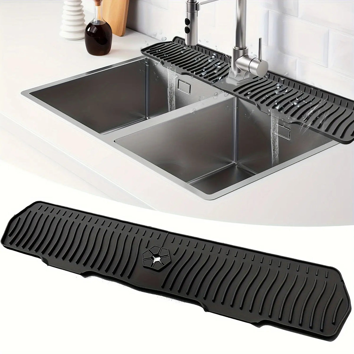1 piece upgraded 30-inch silicone sink splash guard - Splash Proof anti-slip kitchen and bathroom faucet splash guard, reusable countertop protection pad with drainage design, multi-functional for farmhouses, RVs, laundry rooms, Home Water Splash Guard