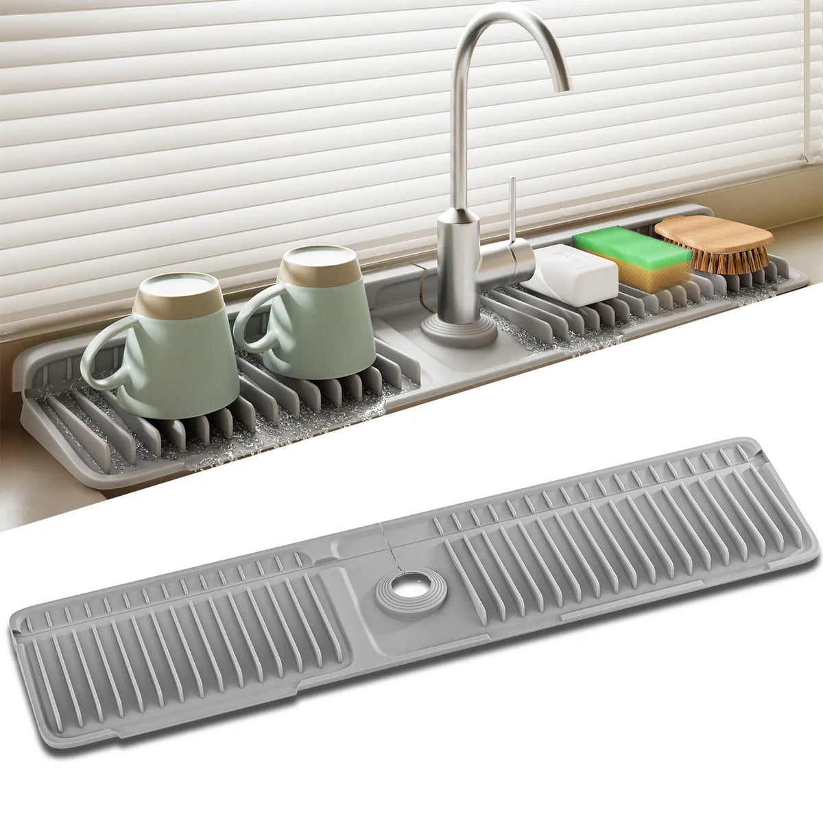 Food-Grade Silicone Kitchen Sink Faucet Drying Mat - 24" Water Splash-Proof Guard, Stable 7° Slope Self-Draining, Quickdry Fins, Adjustable Durable Easy-Clean Leak-Proof Kitchen Accessory, Soap Stays Dry, Less Splash Mess, Fits 1.6-2.7" Faucets, Faster Si