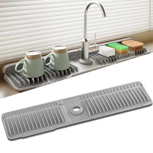 Food-Grade Silicone Kitchen Sink Faucet Drying Mat - 24" Water Splash-Proof Guard, Stable 7° Slope Self-Draining, Quickdry Fins, Adjustable Durable Easy-Clean Leak-Proof Kitchen Accessory, Soap Stays Dry, Less Splash Mess, Fits 1.6-2.7" Faucets, Faster Si