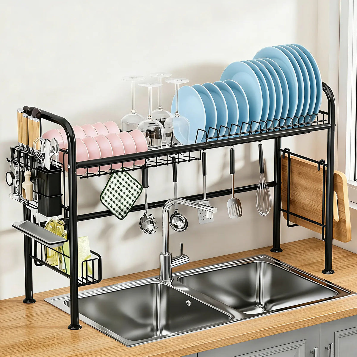 【Holiday Deals】San Dream Over Sink Rack Kitchen Over The Sink Dish Drying Rack Organizer Large Space Saving Dish Drainer Countertop Dishes Rack On Counter Caddy Utensil Metal Organizer 1&2 Tiers