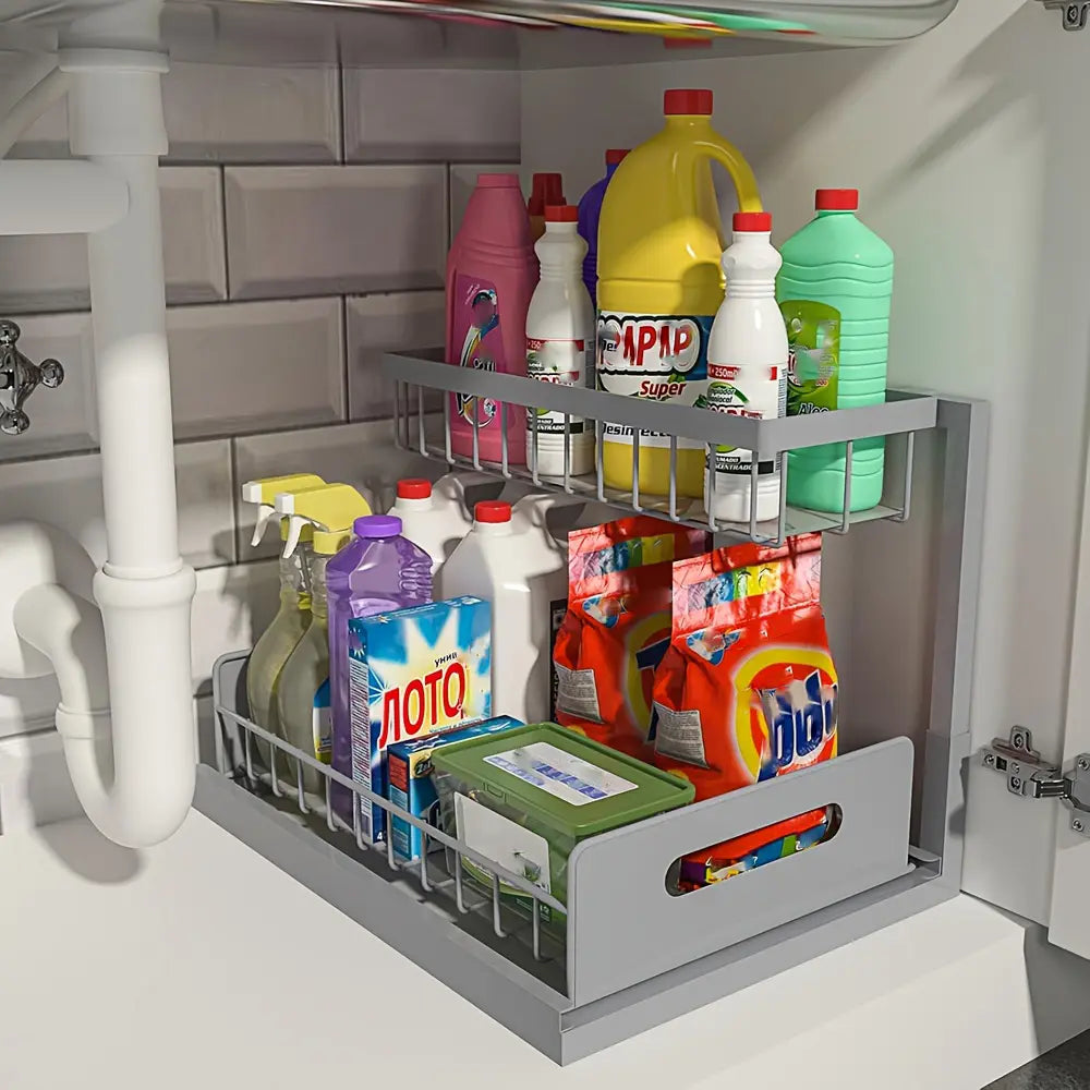 Under Sink Organizer 2 Tier Pull Out CabinetOrganizer Slide Out Sink Shelf & Cabinet Organizerfor Kitchen Bathroom Cabinet Installation OrganizingSystem