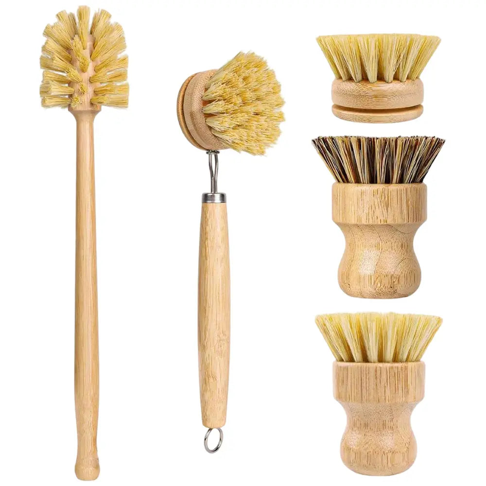 5-Pack Bamboo Dish Brush Set with Handle - Soft Bristle, Non-Toxic, Removable & Washable Cleaning Brush with Multiple Heads, Compostable Sustainable Kitchen Tool for Dishes, Pots, Glass, Comfortable,sohochic