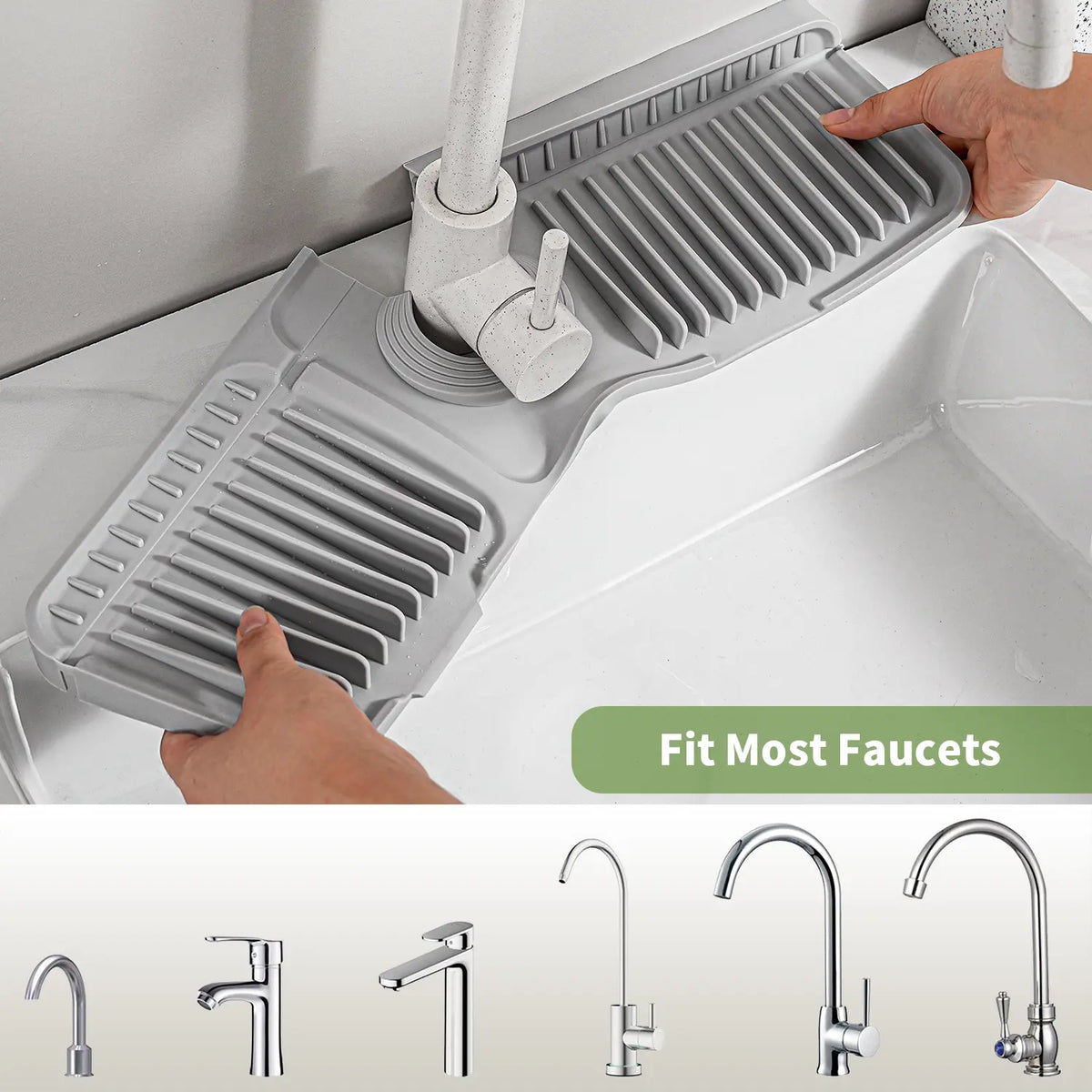 Food-Grade Silicone Kitchen Sink Faucet Drying Mat - 24" Water Splash-Proof Guard, Stable 7° Slope Self-Draining, Quickdry Fins, Adjustable Durable Easy-Clean Leak-Proof Kitchen Accessory, Soap Stays Dry, Less Splash Mess, Fits 1.6-2.7" Faucets, Faster Si