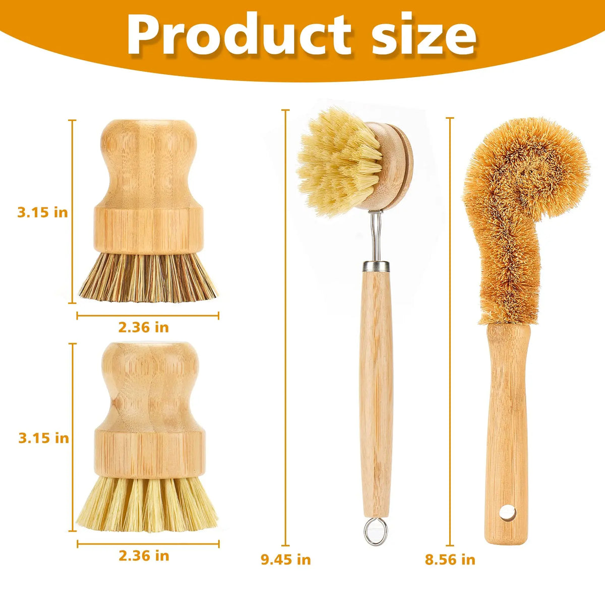 Plastic-Free Bamboo Dish Brushes Set, 4-Piece Natural Bristle Brushes with Tight Bristle Hold - Steel-Reinforced, Non-Toxic Multifunctional Cleaning Kitchen Utensil, Hanging Hole, Ideal Gift for Friends