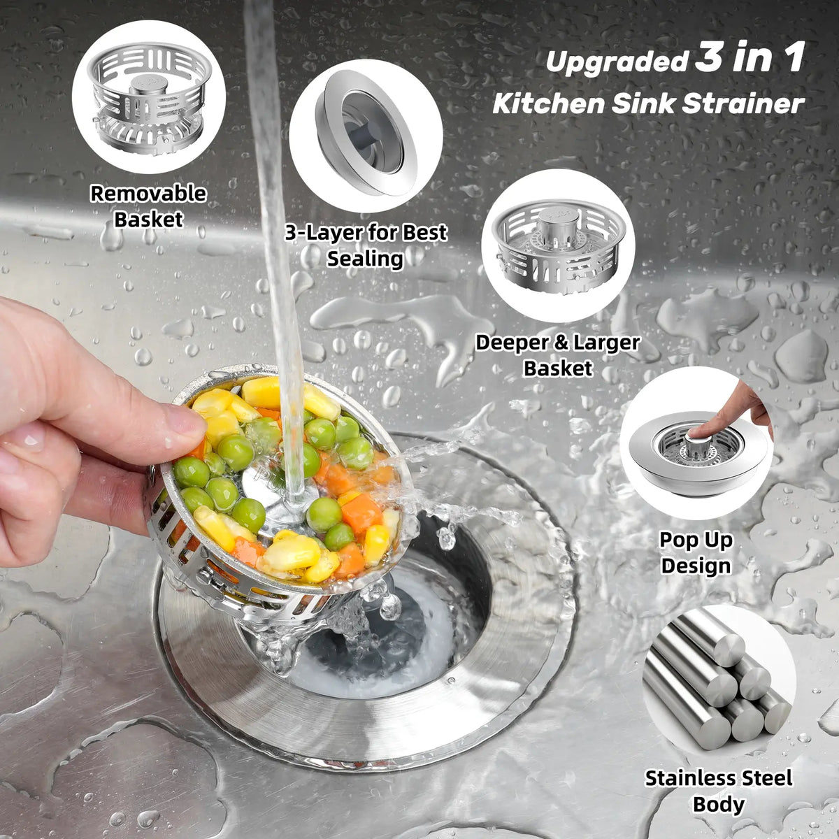Hibbent Stainless Steel Sink Stopper - All-Metal 3-in-1 Pop-Up Drain Kitchen Fixture Accessories, Detachable Push Down Plug with Handle Rod, Anti-Clog Drainage for US Standard 3.5-in Filters