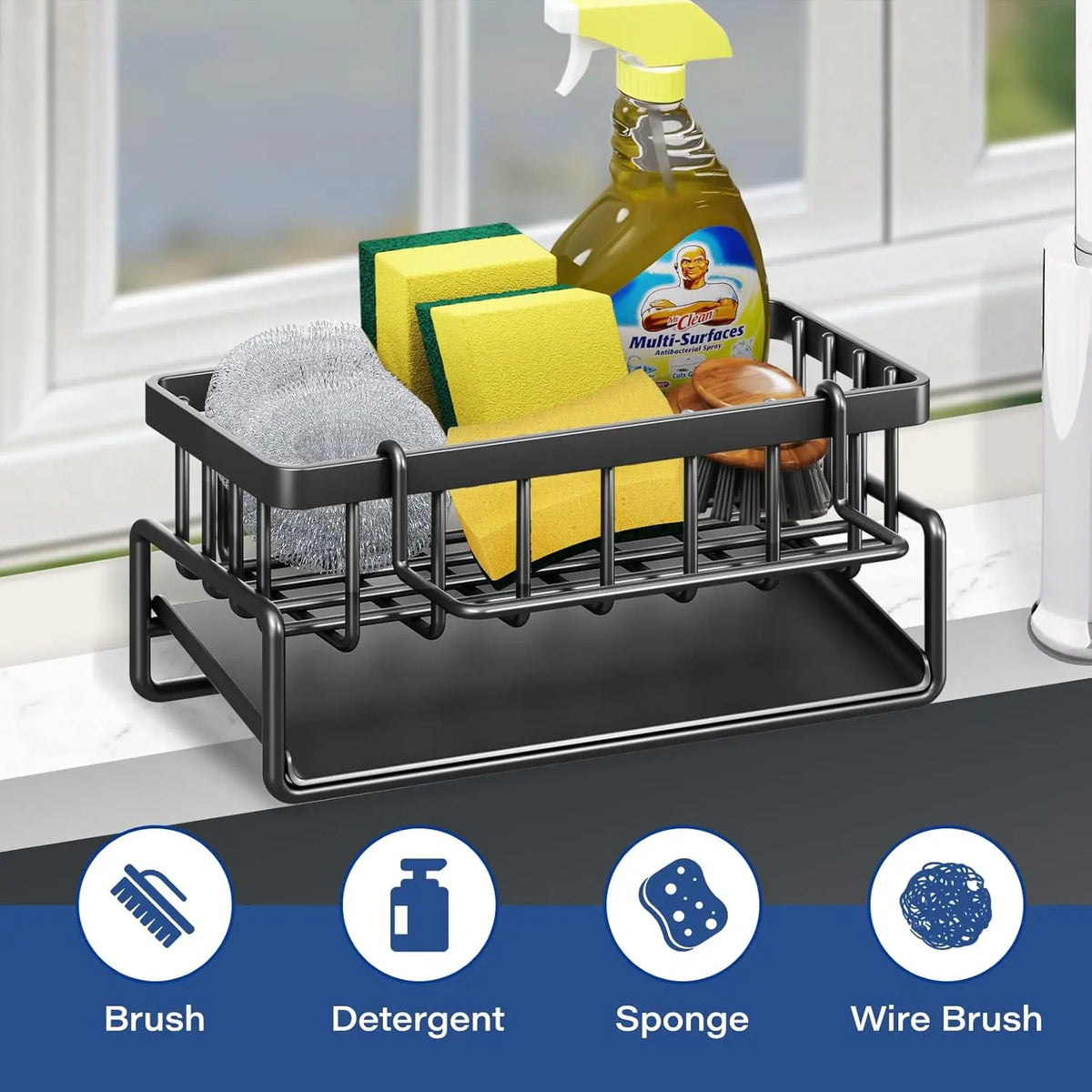 304 Stainless Steel Kitchen Sink Organiser - Hangable Dish Drying Organiser with Sponge Holder, Soap Dish, Dishcloth Hanger, Rustproof Countertop Home Storage Accessory (Black, Dry Sponge Stays Cleaner)